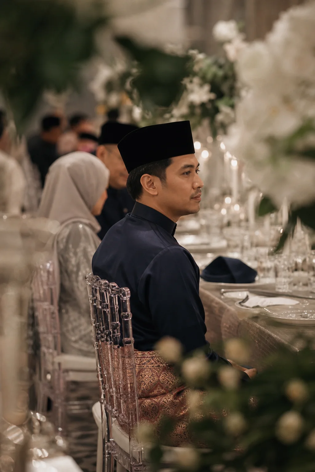 Tertib di meja utama — Baju Melayu biru malam · songket tembaga