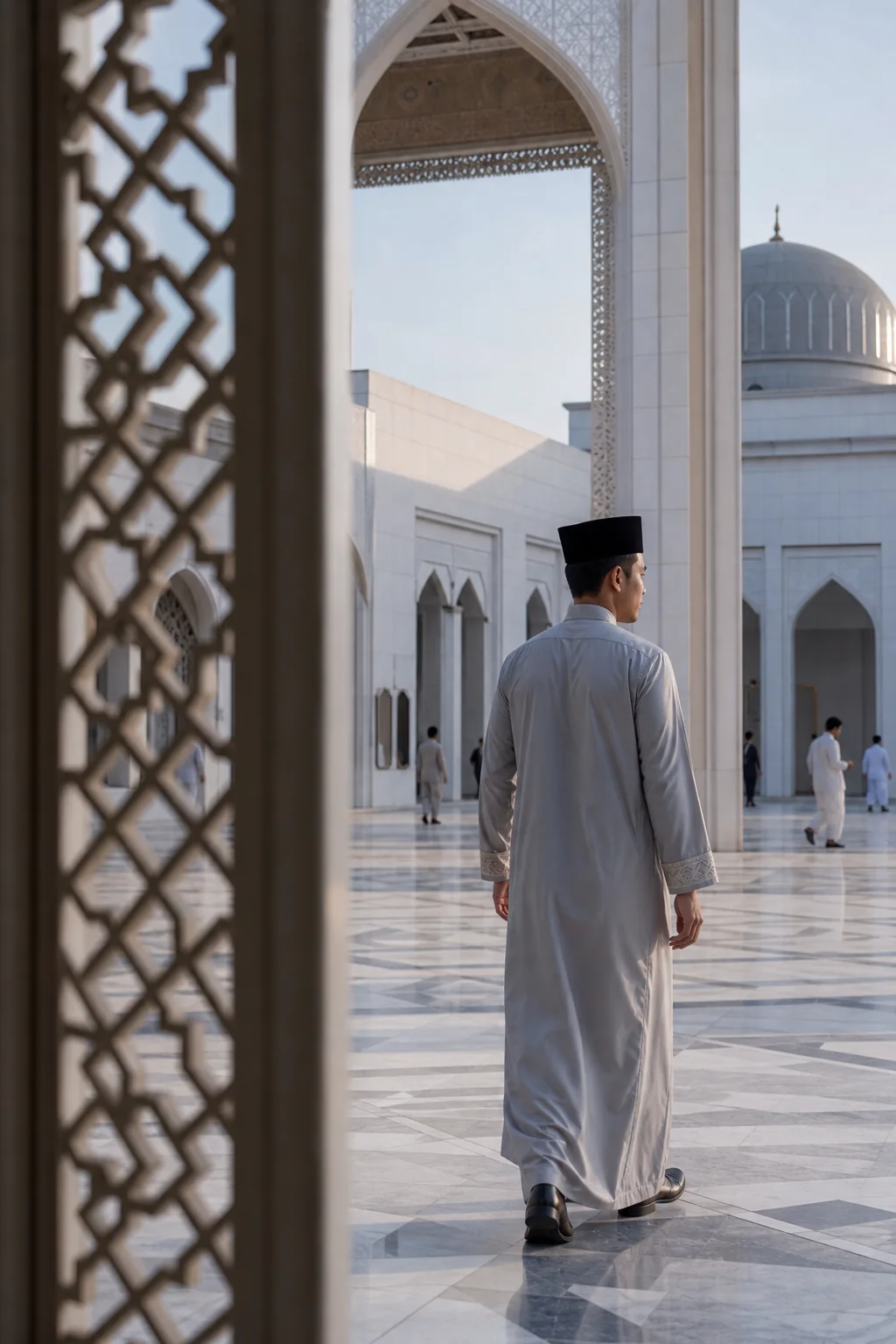 Damai selepas subuh — Jubah kelabu mutiara · manset tenun