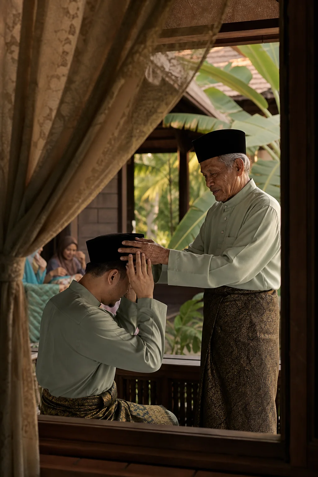 Warisan daripada ayah — Baju Melayu Teluk Belanga hijau dedaun · songket zaitun