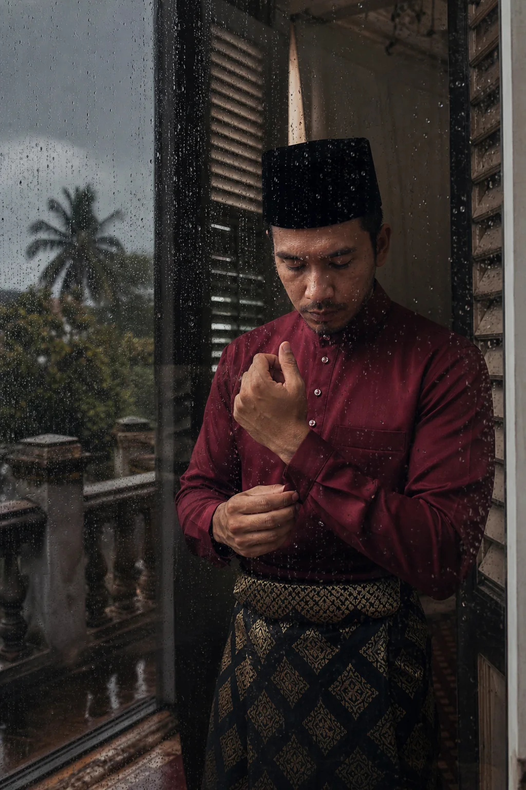 Petang di rumah lama — Baju Melayu merah manggis · samping hitam emas