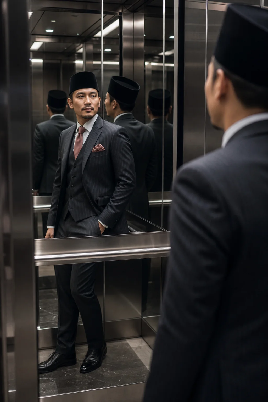Adab di balairung — Baju Melayu gading · songket ros keemasan